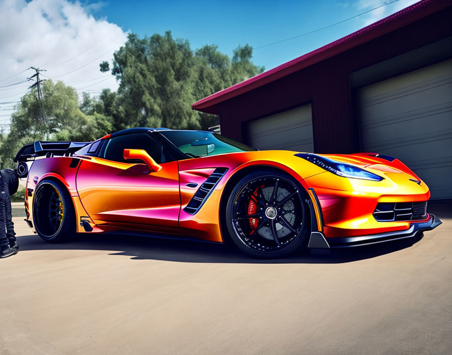 Bright Orange Sports Car with Large Rear Spoiler Parked Near Garage