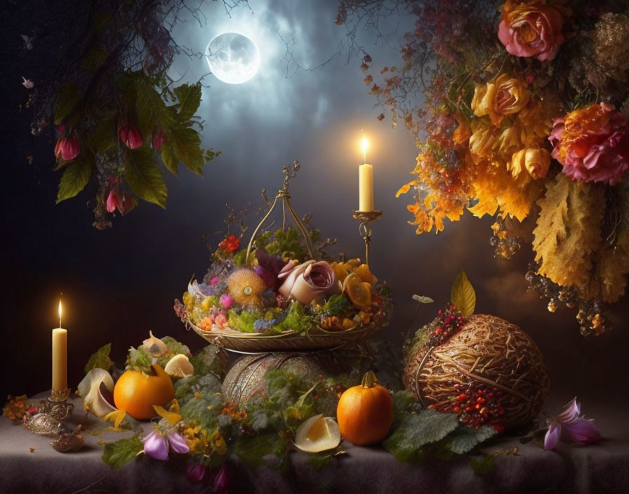 Still Life with Candles, Fruit Basket, Flowers, and Full Moon in Dark, Mystical Setting