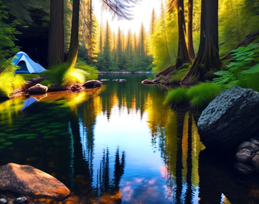 Tranquil forest scene: tent by calm river, sunlight through trees, reflections.