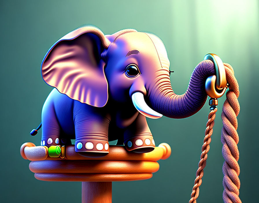 Vibrant digital art: Baby elephant on stool with rope