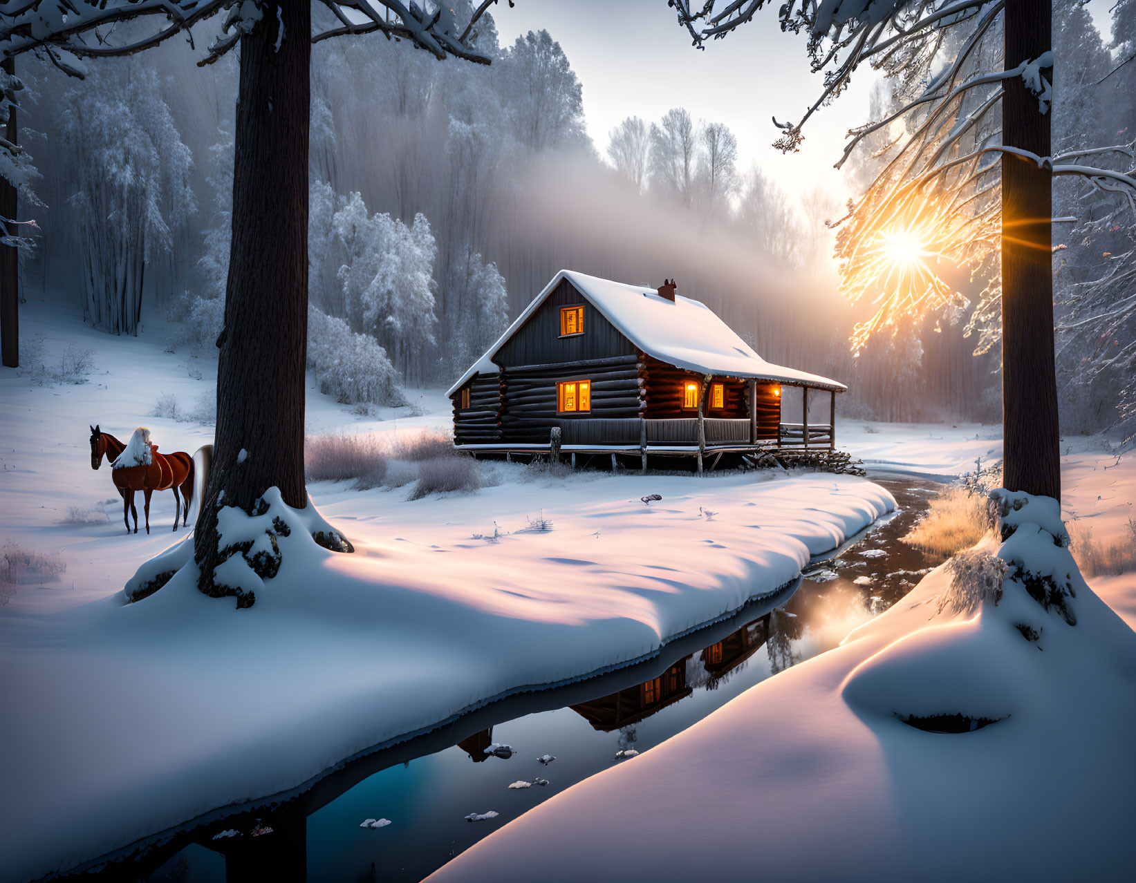 Snow-covered log cabin, horse, and stream in serene winter scene