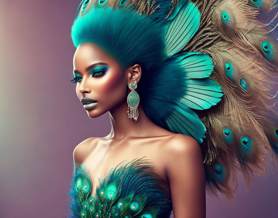 Woman with Peacock-Inspired Makeup and Feathers on Teal Hair Pose Against Purple Background