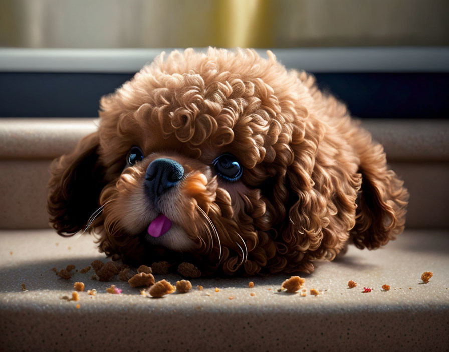 Brown Curly-Haired Toy Poodle Surrounded by Food on Step