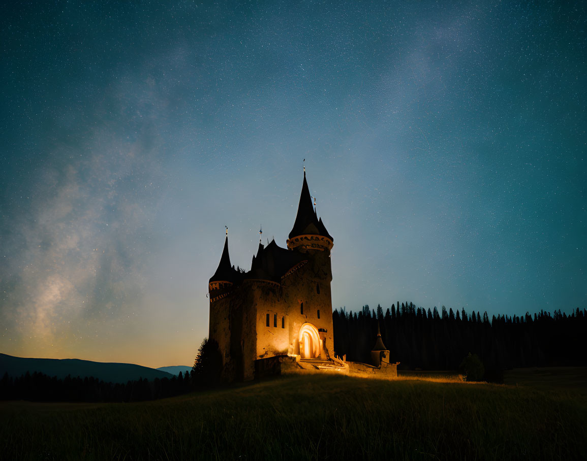 Medieval castle illuminated at night in tranquil landscape