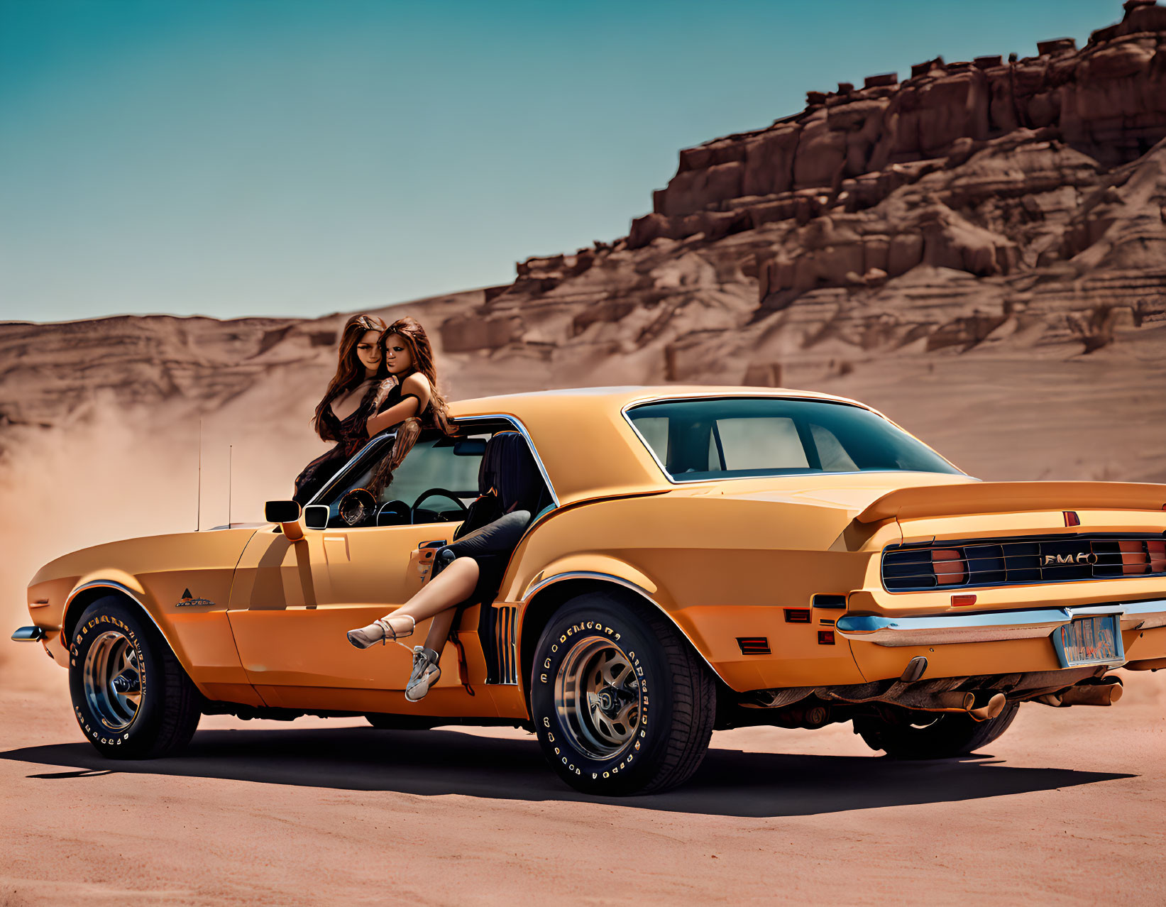 Woman lounging on yellow vintage Mustang in desert landscape