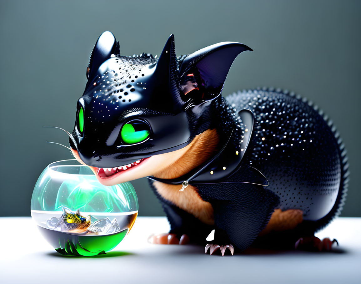 Stylized animated black cat with green eyes and glossy fur next to fishbowl with goldfish