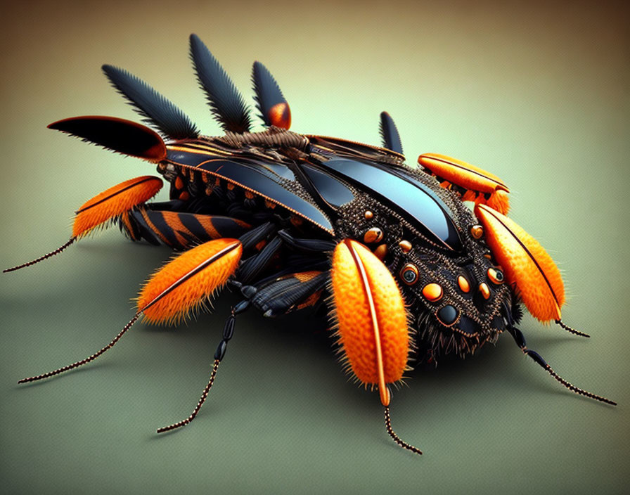 Stylized digital artwork of orange and black mechanical insect