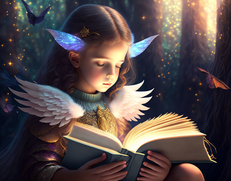 Young girl with angel wings reading in mystical forest