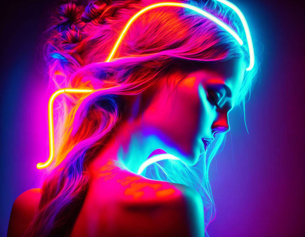 Vibrant neon lights illuminate woman's side profile in pink and blue hues