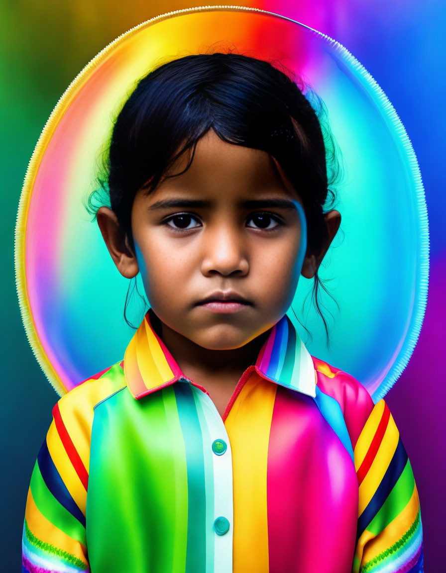 Child in Multicolored Striped Shirt on Rainbow Background