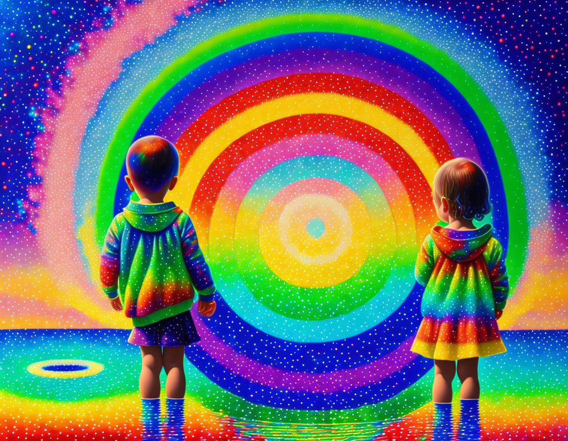 Children in colorful clothes mesmerized by vibrant, psychedelic spiral and starry sky reflection.