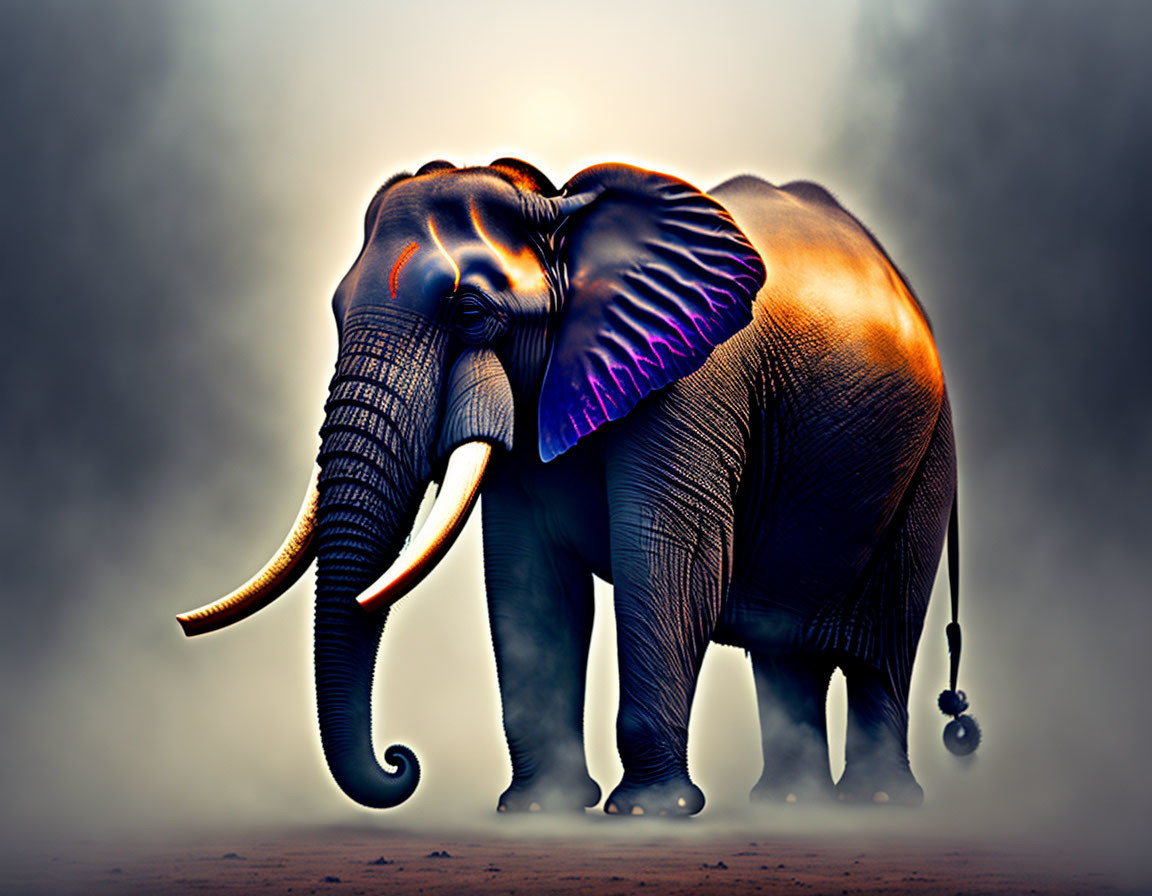 Mystical elephant art with glowing edges in misty setting