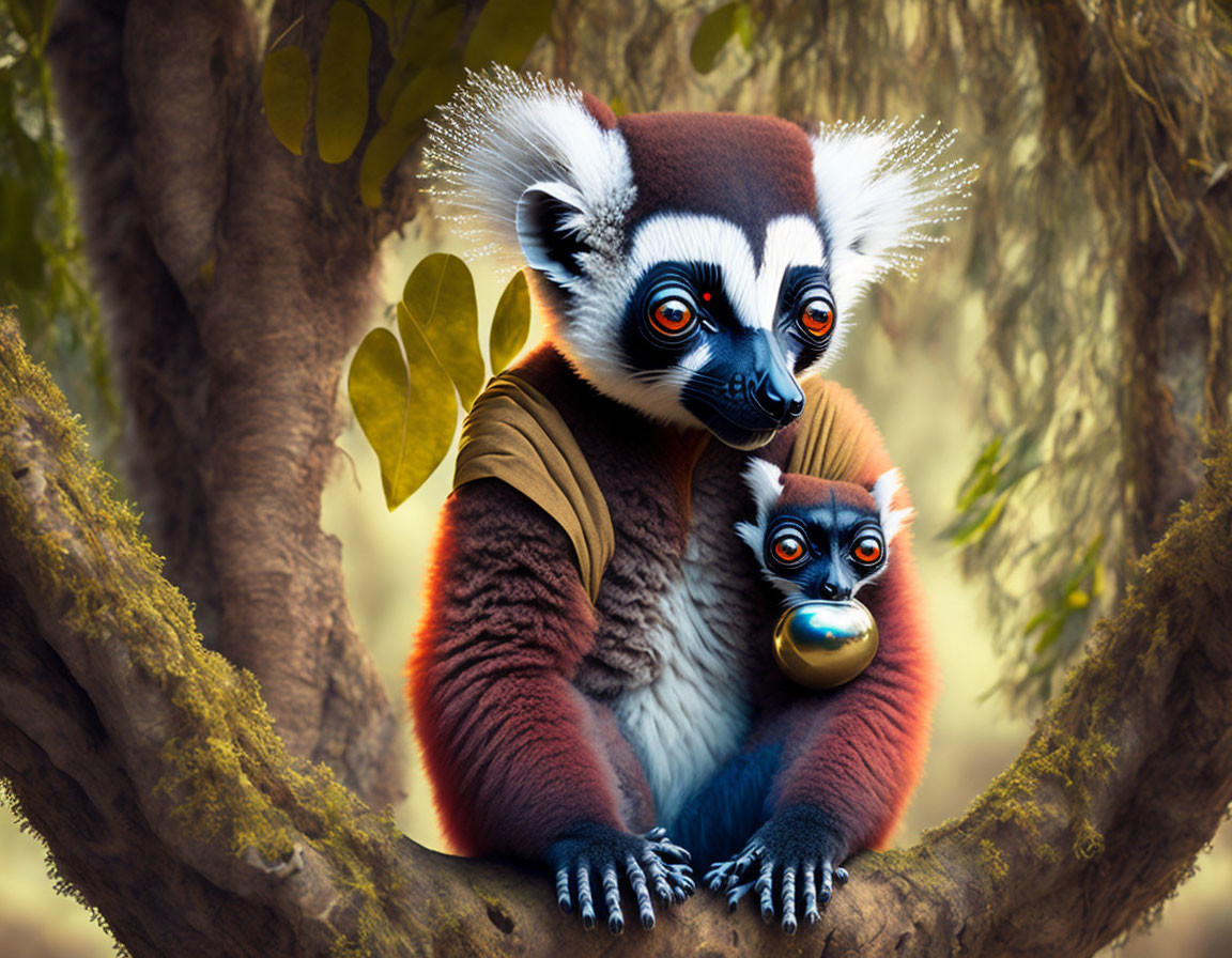 Colorful digital art: Red and white lemur holding smaller lemur in forest.