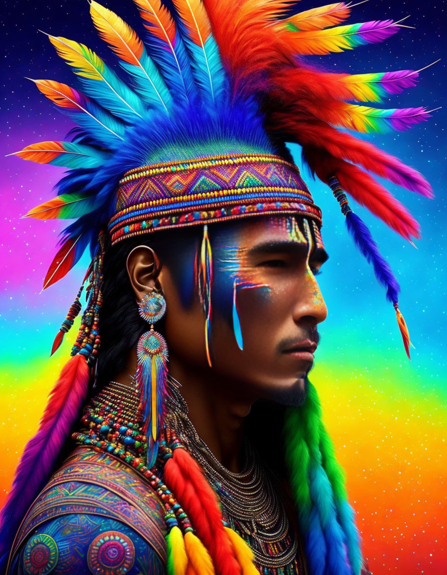 Colorful Native American headdress with feathers and face paint on person against vibrant background