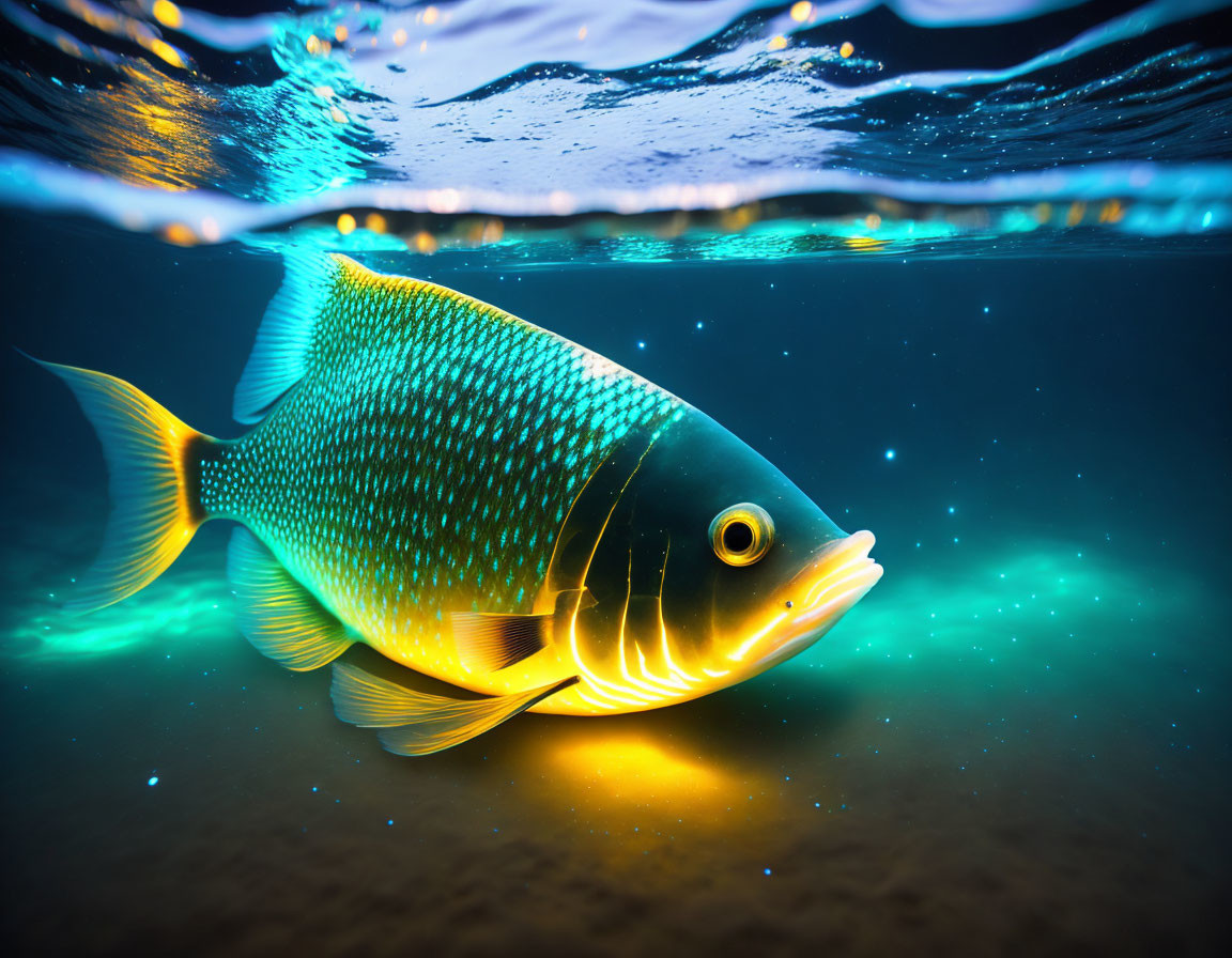 Colorful glowing fish swimming near ocean surface with light refraction