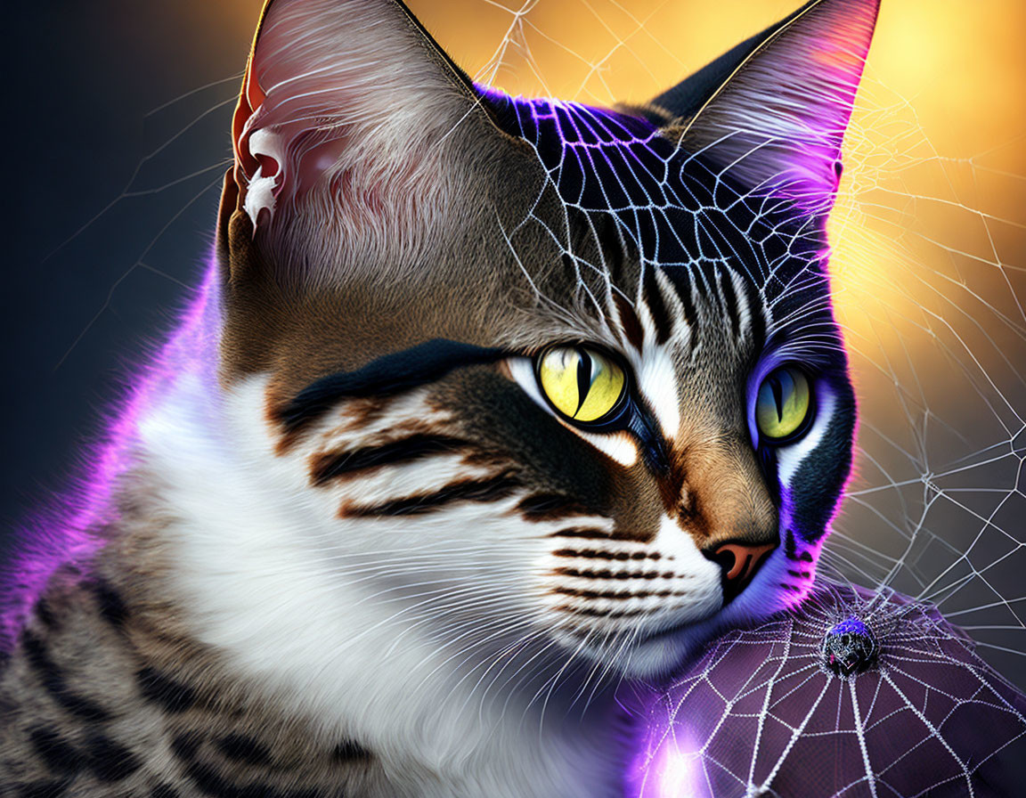 Tabby Cat with Yellow Eyes and Spider on Web in Colorful Background