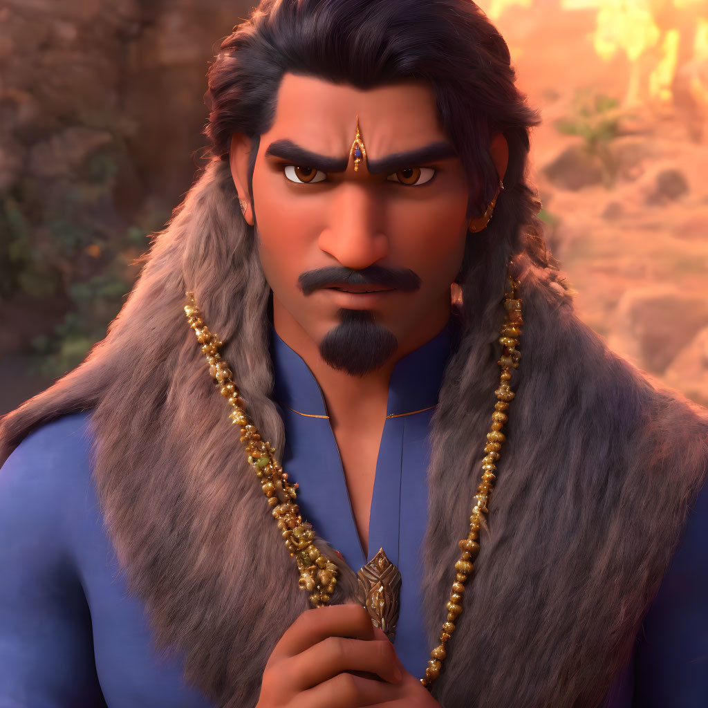 Long-haired male character in blue outfit with golden jewelry and intense gaze in warm light.