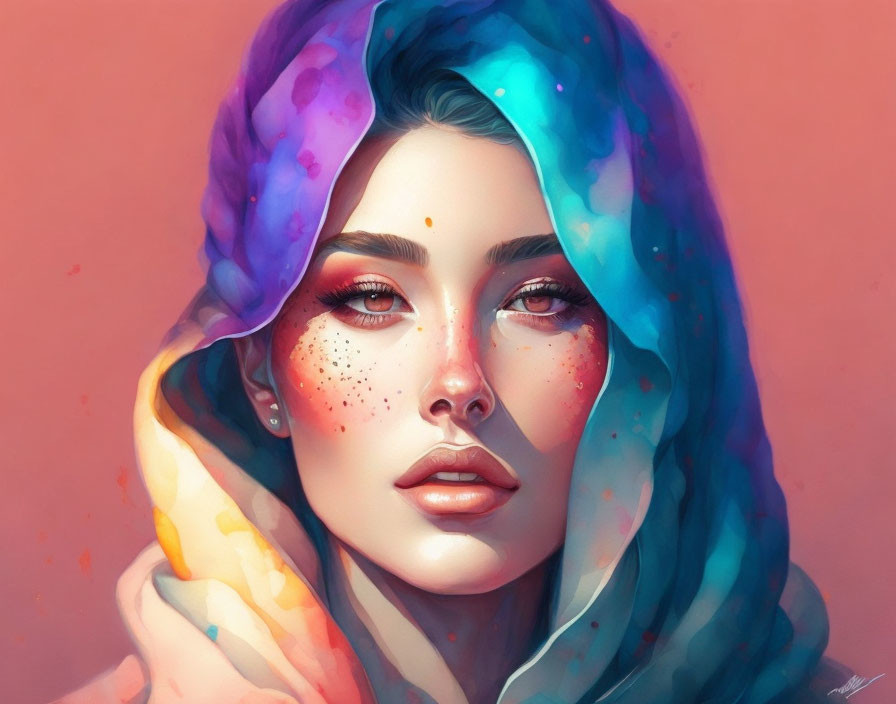 Colorful Scarf Woman Portrait with Freckles & Serene Expression