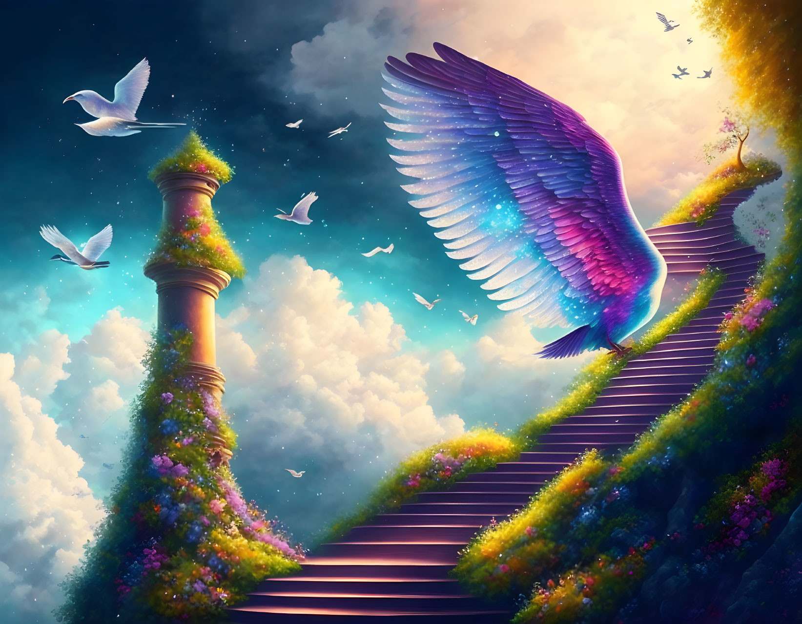 Giant bird on floral staircase with tower in fantasy scene