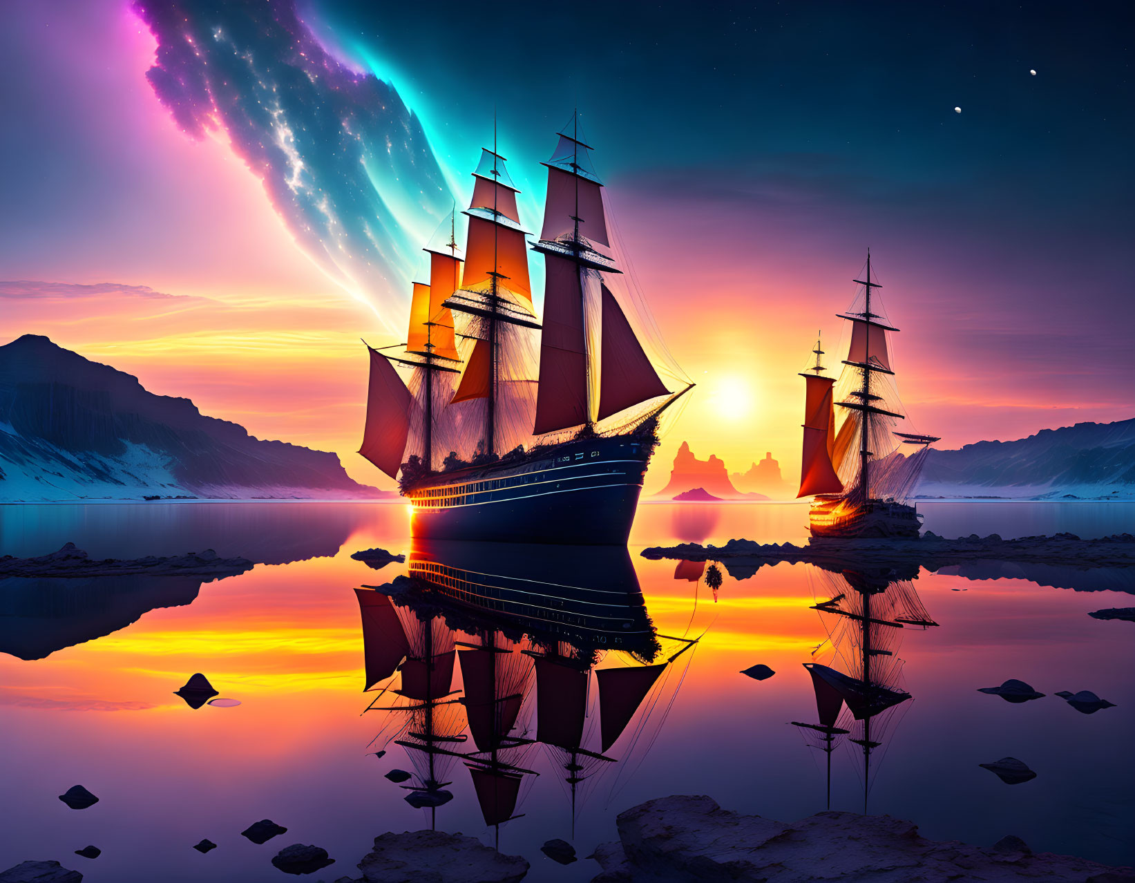 Sailing ships on still lake with aurora borealis and sunset reflections