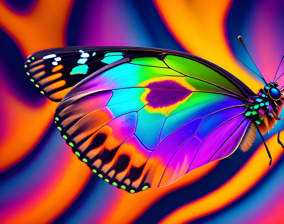 Colorful Butterfly with Iridescent Wings on Psychedelic Orange and Purple Background