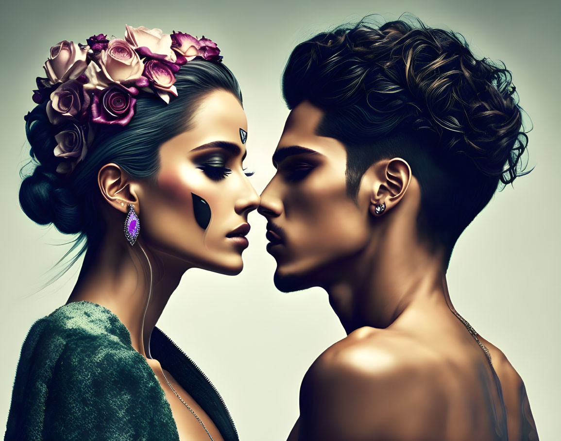 Stylized people with elaborate hairstyles in intimate interaction
