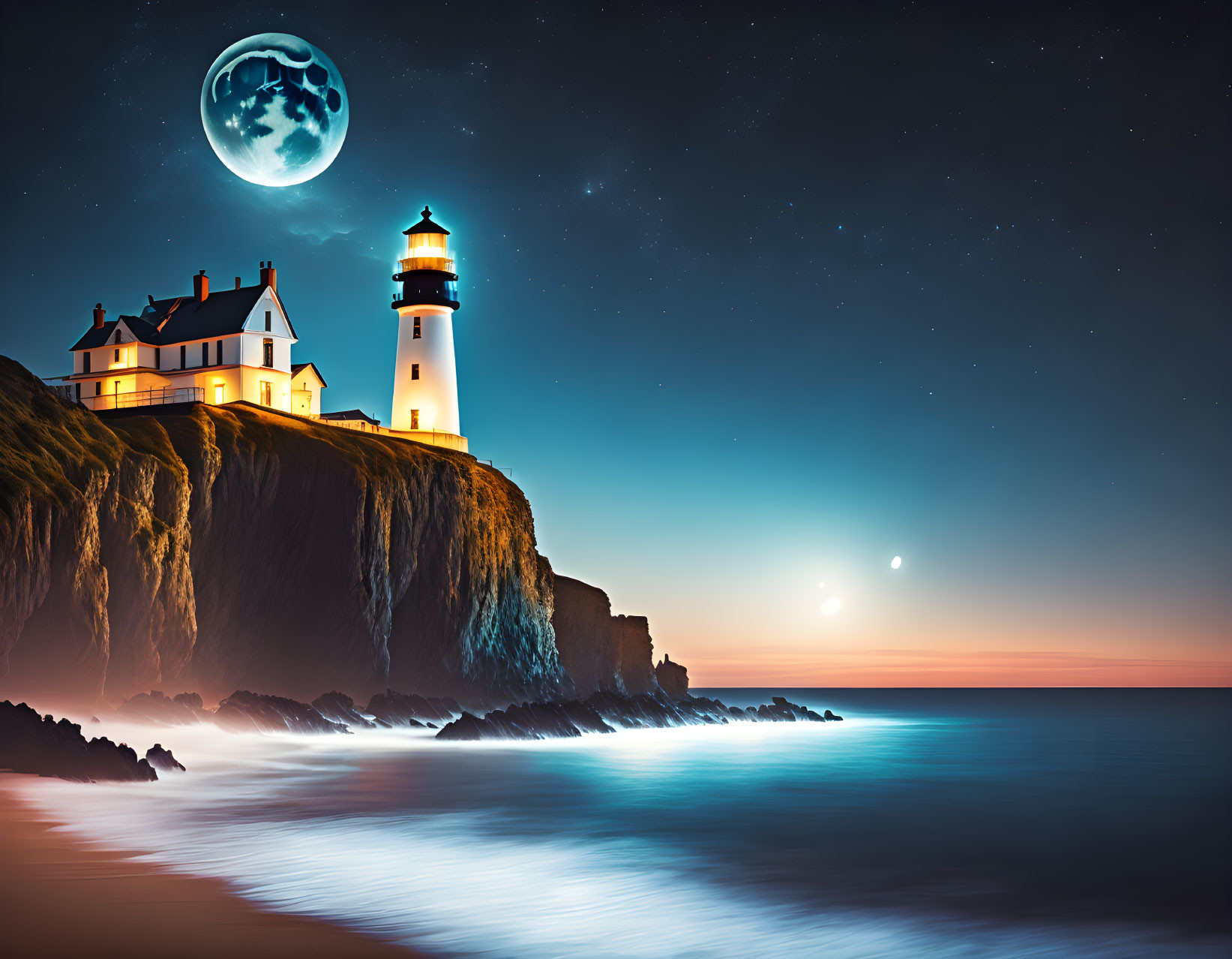 Lighthouse on Cliff with Glowing Facade, Starry Sky, Moon, and Ocean at Sunset