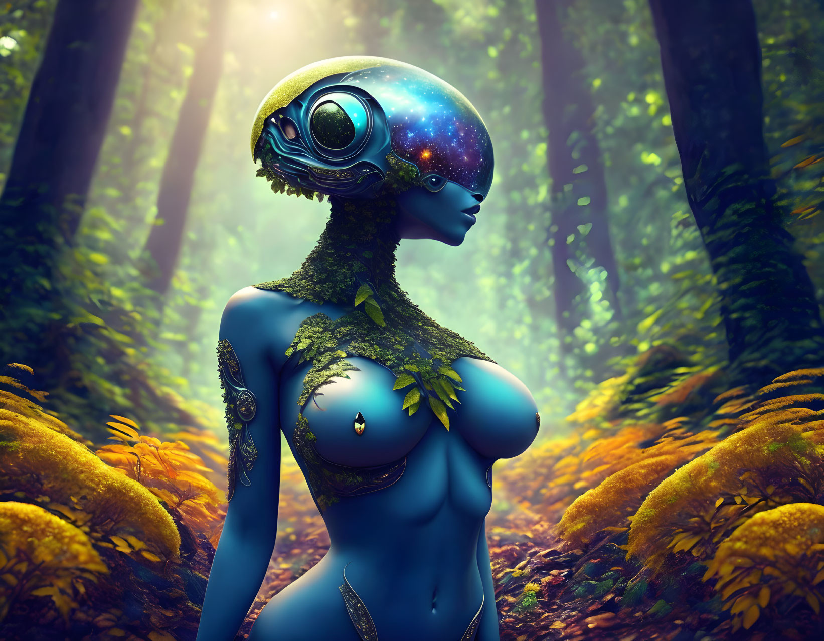 Digital artwork featuring humanoid figure with cosmic-themed helmet and natural elements in enchanted forest