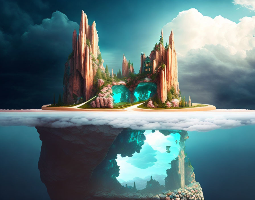 Fantastical floating island with rocky peaks and castle reflected in serene water.