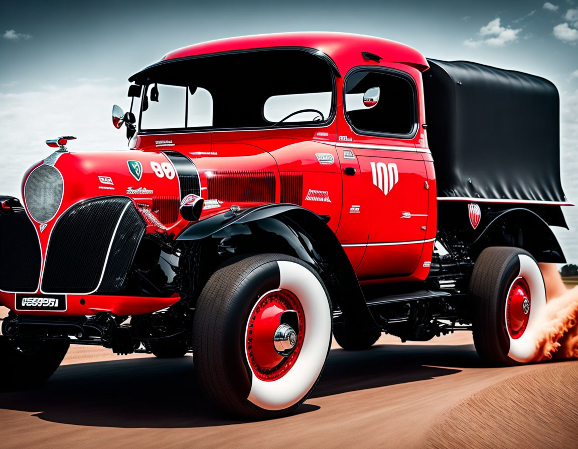 Vintage Red Truck with Racing Number 100 and Flames Against Sky