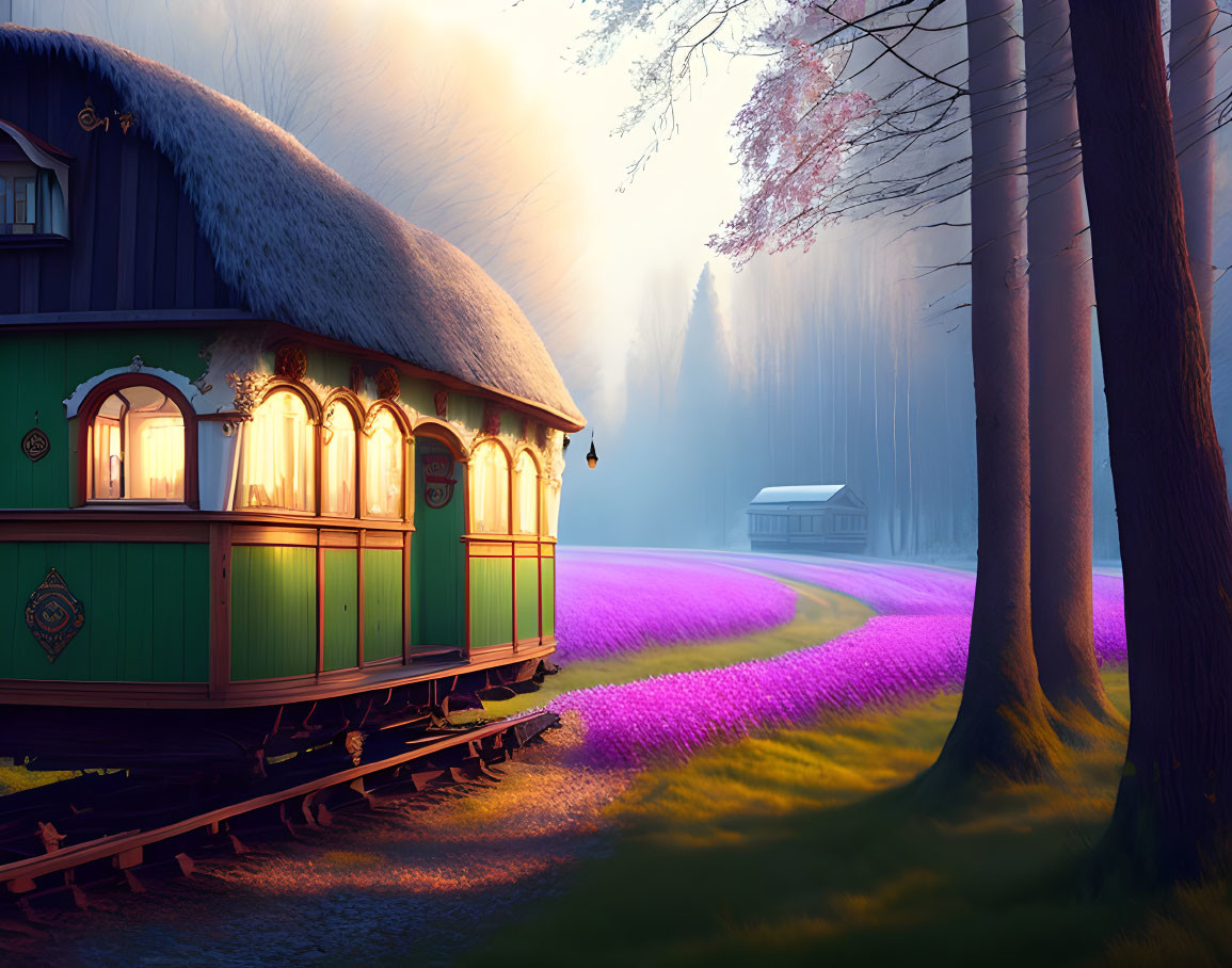 Vintage train carriage in vibrant purple fields with quaint house and sunbeams.