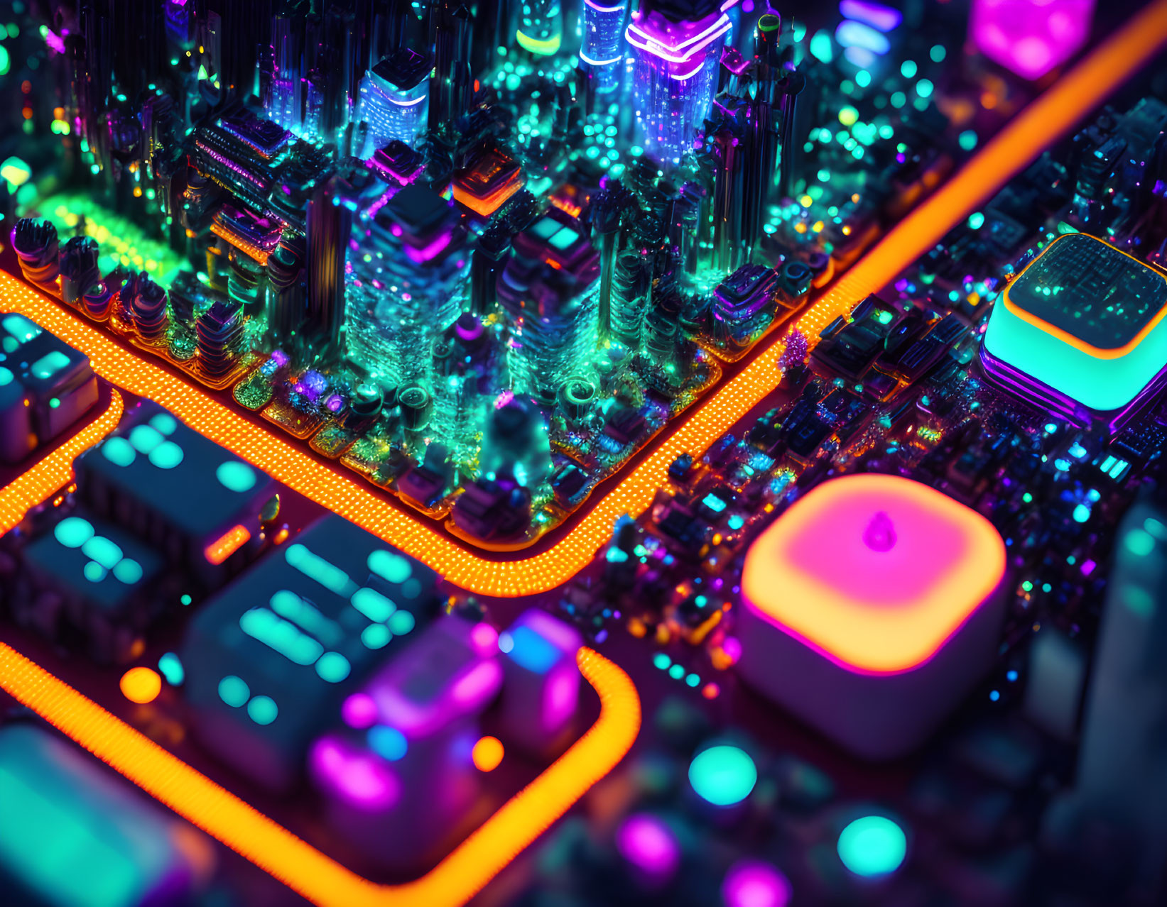 Detailed View of Vibrant Neon Lit Circuit Board