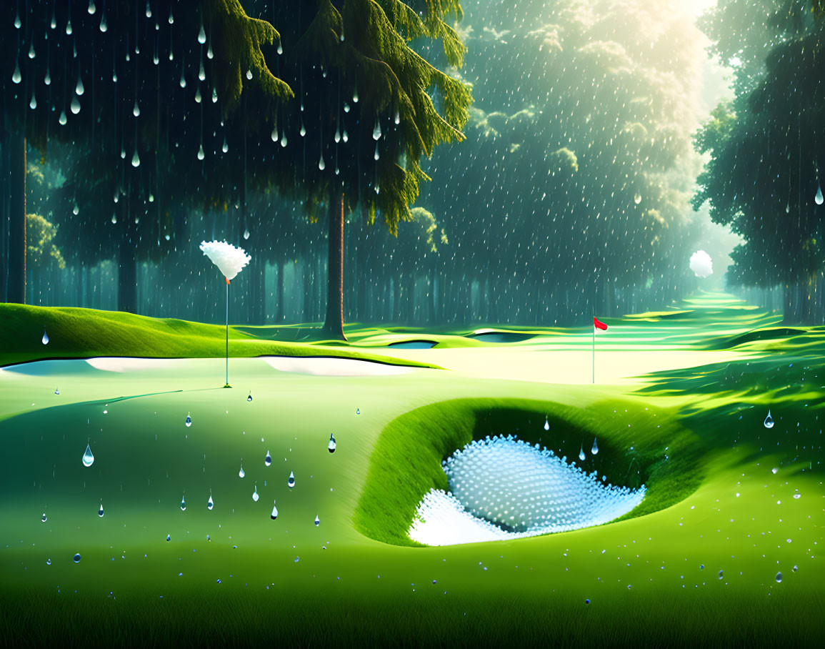 Tranquil golf course scene with lush greens, sand trap, and suspended raindrops