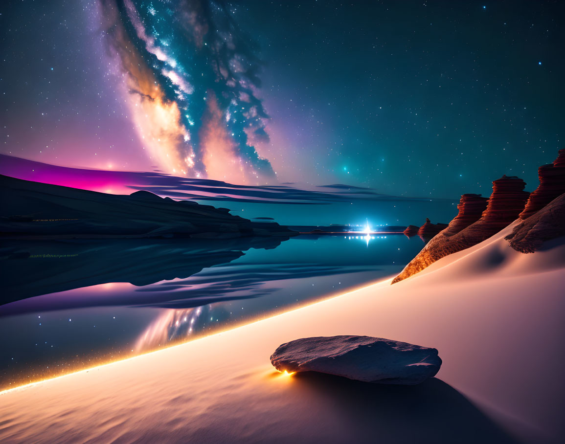Night Desert Landscape: Milky Way, Sand Dunes, Water, Rock