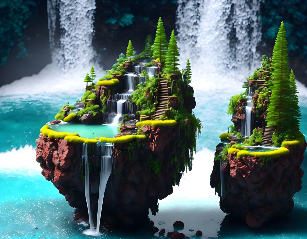 Serene Floating Islands with Waterfalls and Lush Greenery