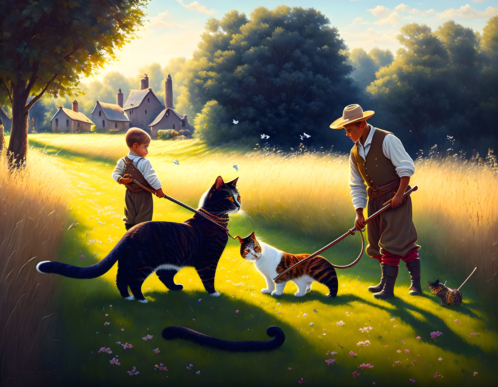 Whimsical artwork of oversized cat on leash with old man, boy, and butterflies in sunlit