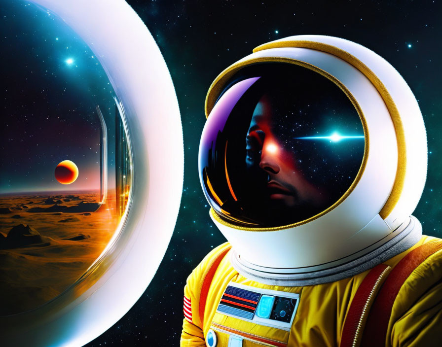 Yellow-suited astronaut gazes at space with planets and stars reflected in visor.