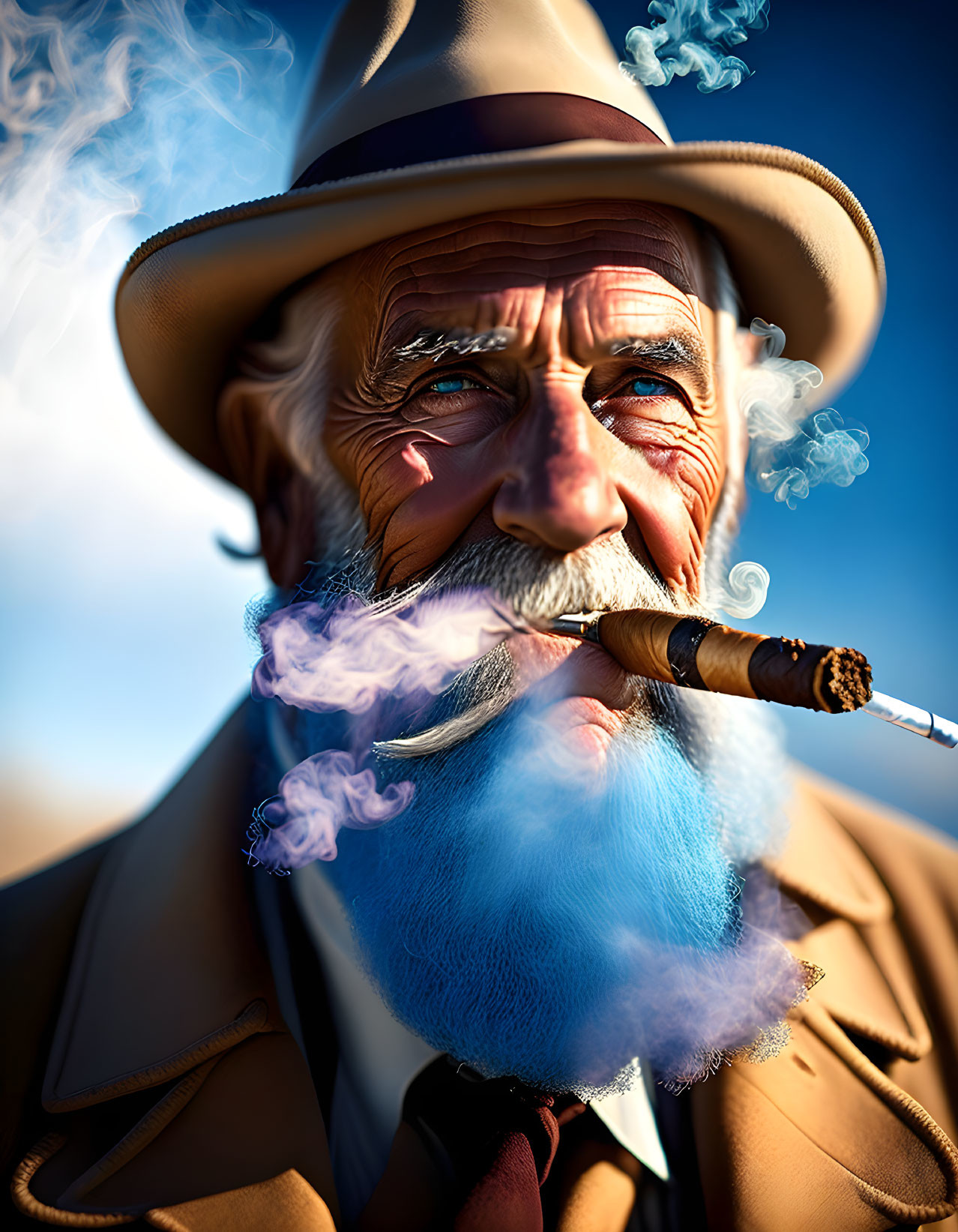 Elderly man with white beard and cigar against blue sky