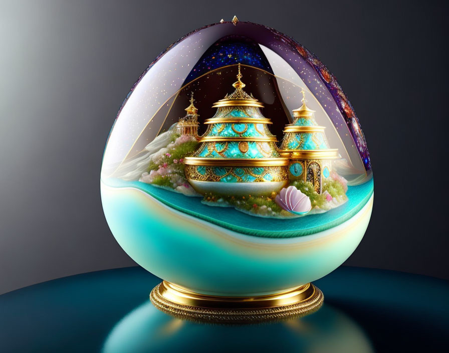 Fantastical scene with golden-domed structures on decorative egg.