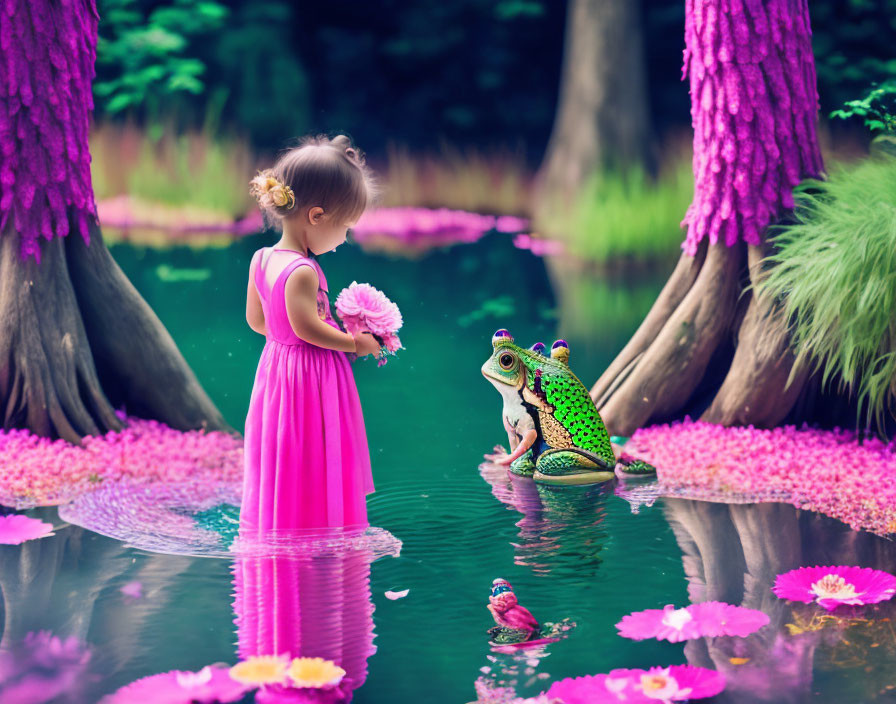 Young girl in pink dress with frog by pond and water lilies