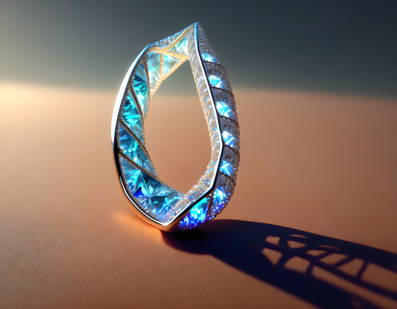 Sparkling Mobius Strip Ring with Diamond and Blue Gemstones on Orange Background