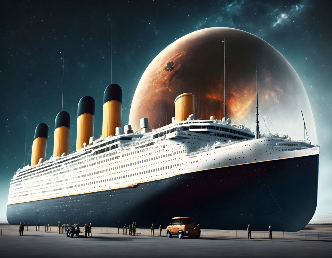 Futuristic ocean liner on platform with massive planet in background