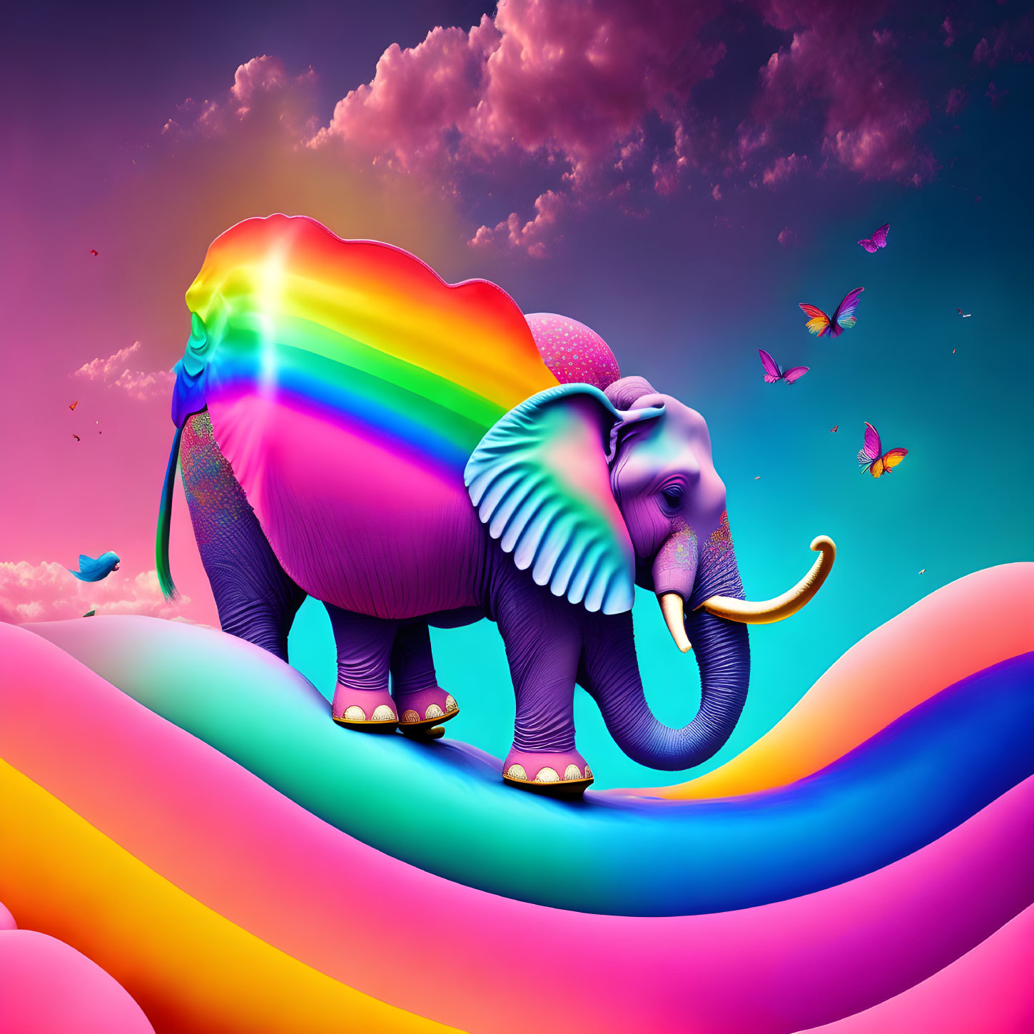 Vibrant surreal artwork: elephant on rainbow waves with butterflies