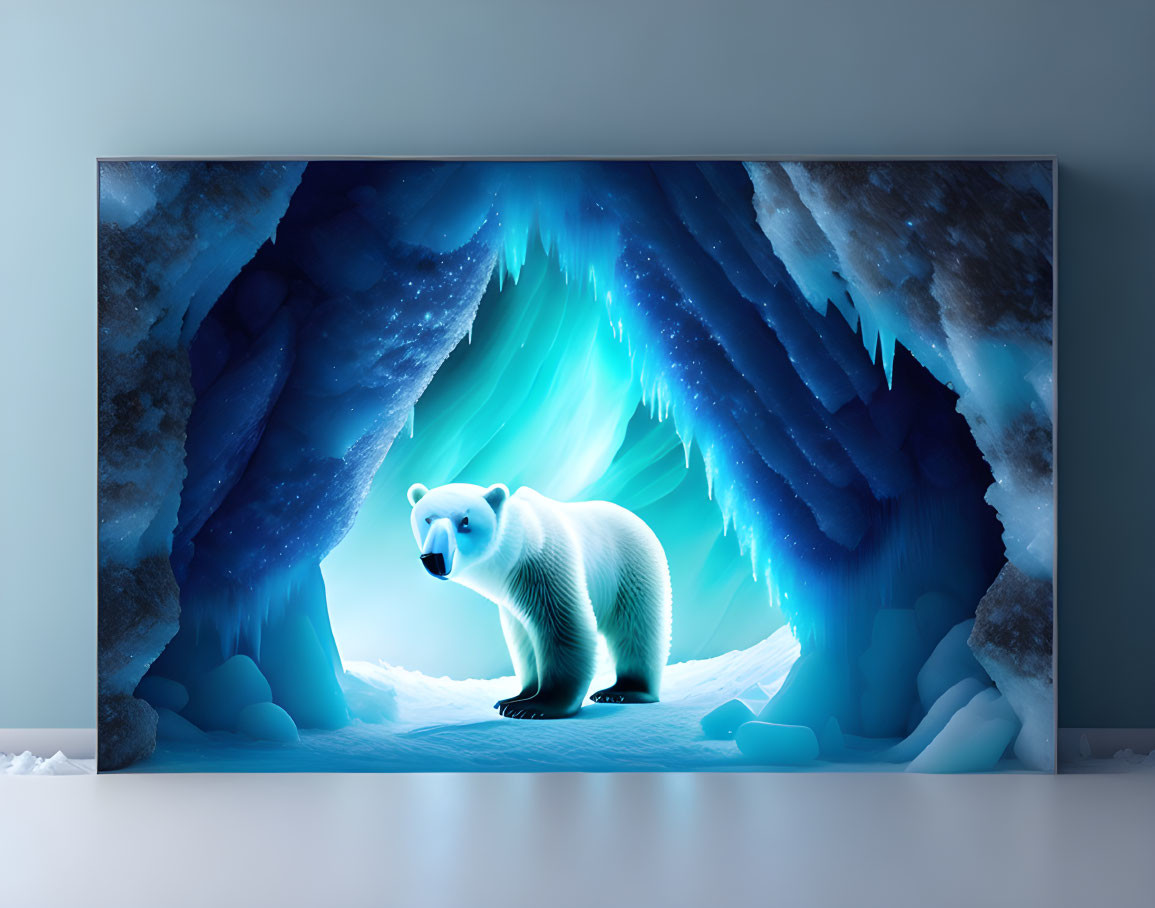 Polar bear in blue icy cave on widescreen monitor