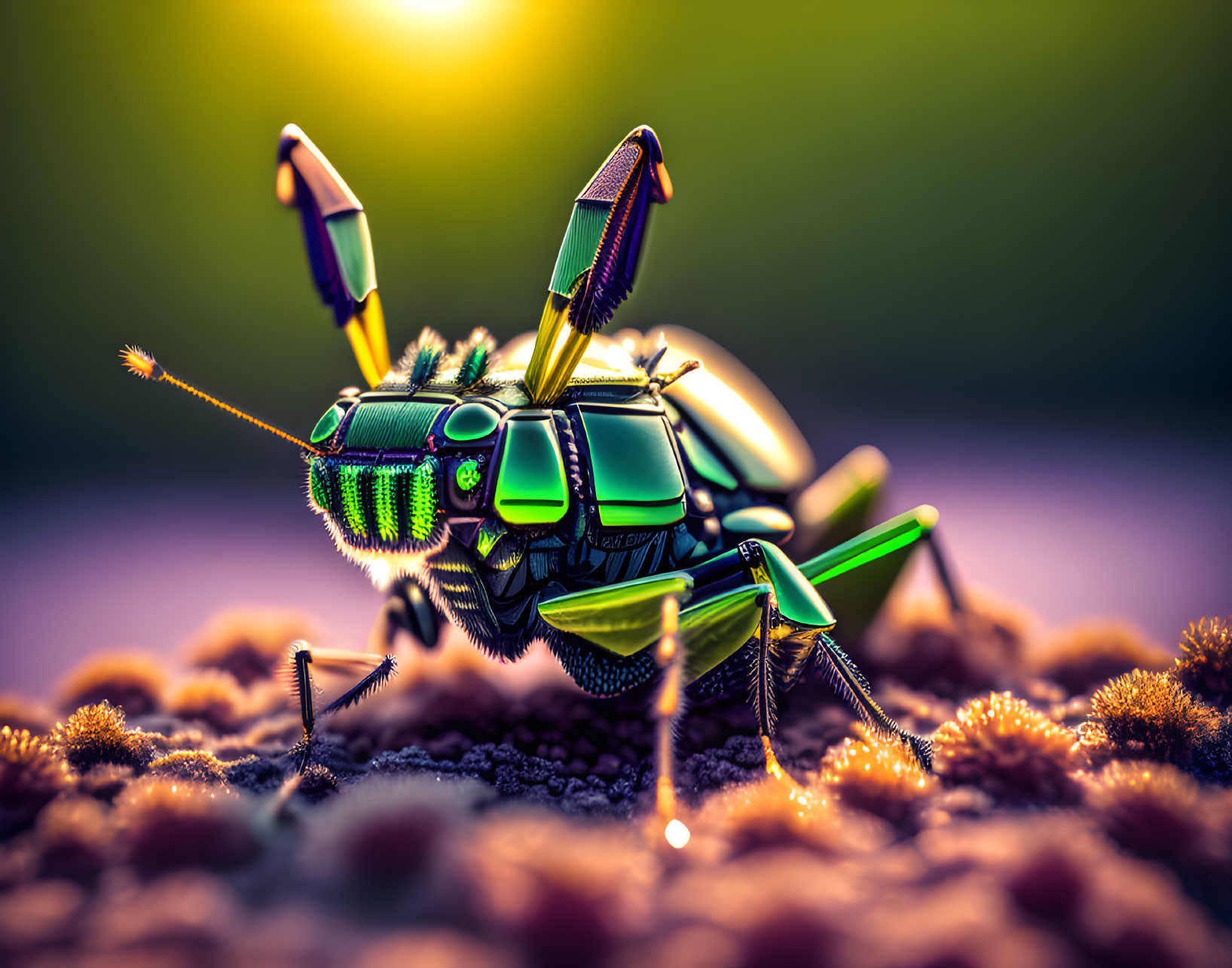 Detailed mechanical insect with gears on warm background