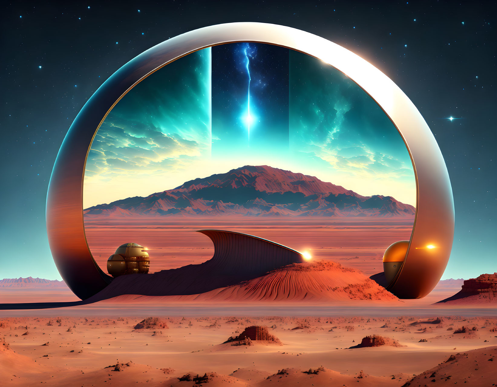 Futuristic gateway on desert planet reveals mountain under starry sky