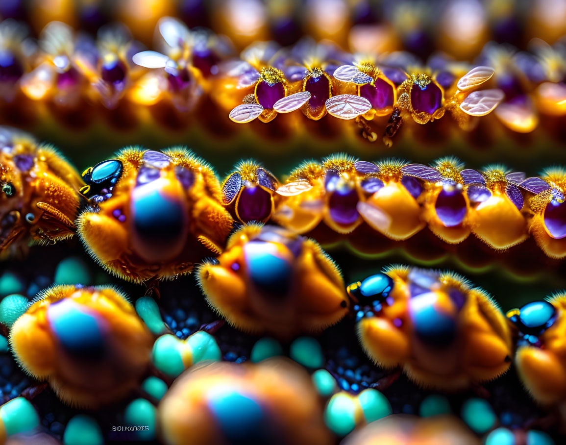 Multiple vibrant-colored metallic insects with compound eyes on textured surface