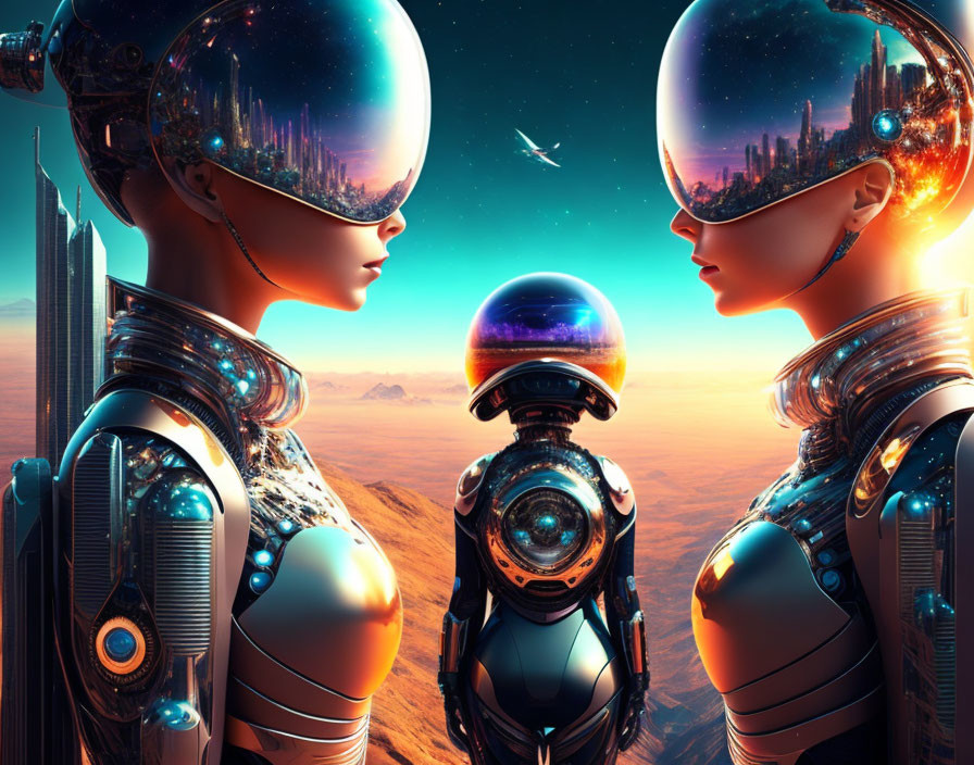 Futuristic robots with reflective heads in sci-fi cityscape with distant spaceship