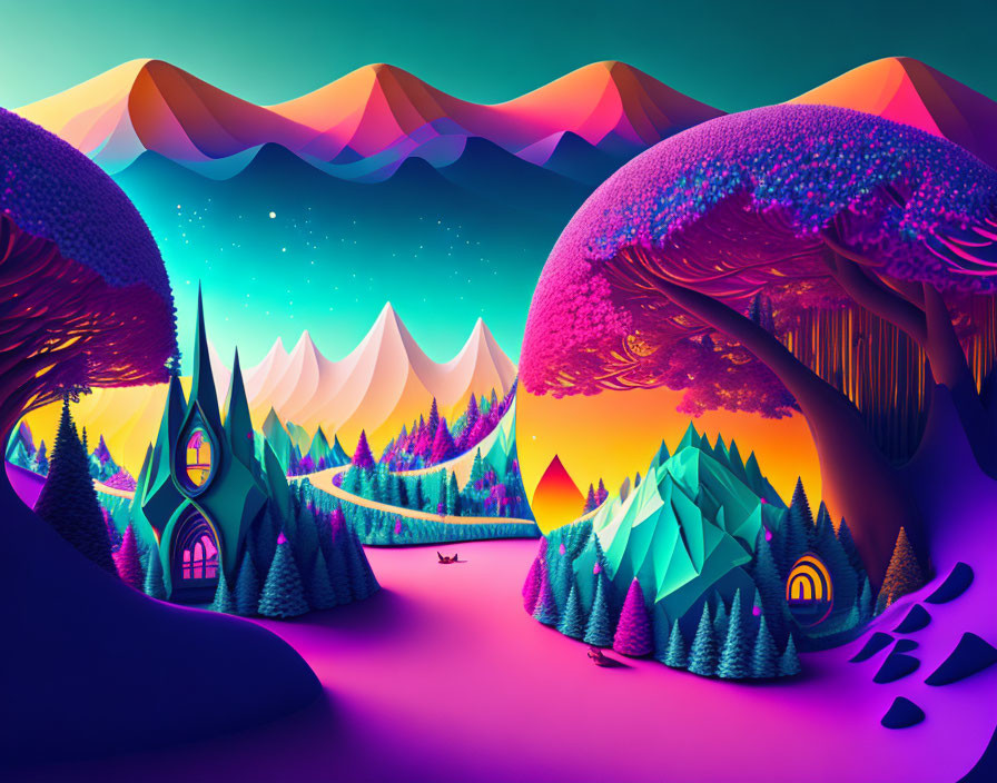 Colorful Digital Artwork: Whimsical Purple and Pink Landscapes