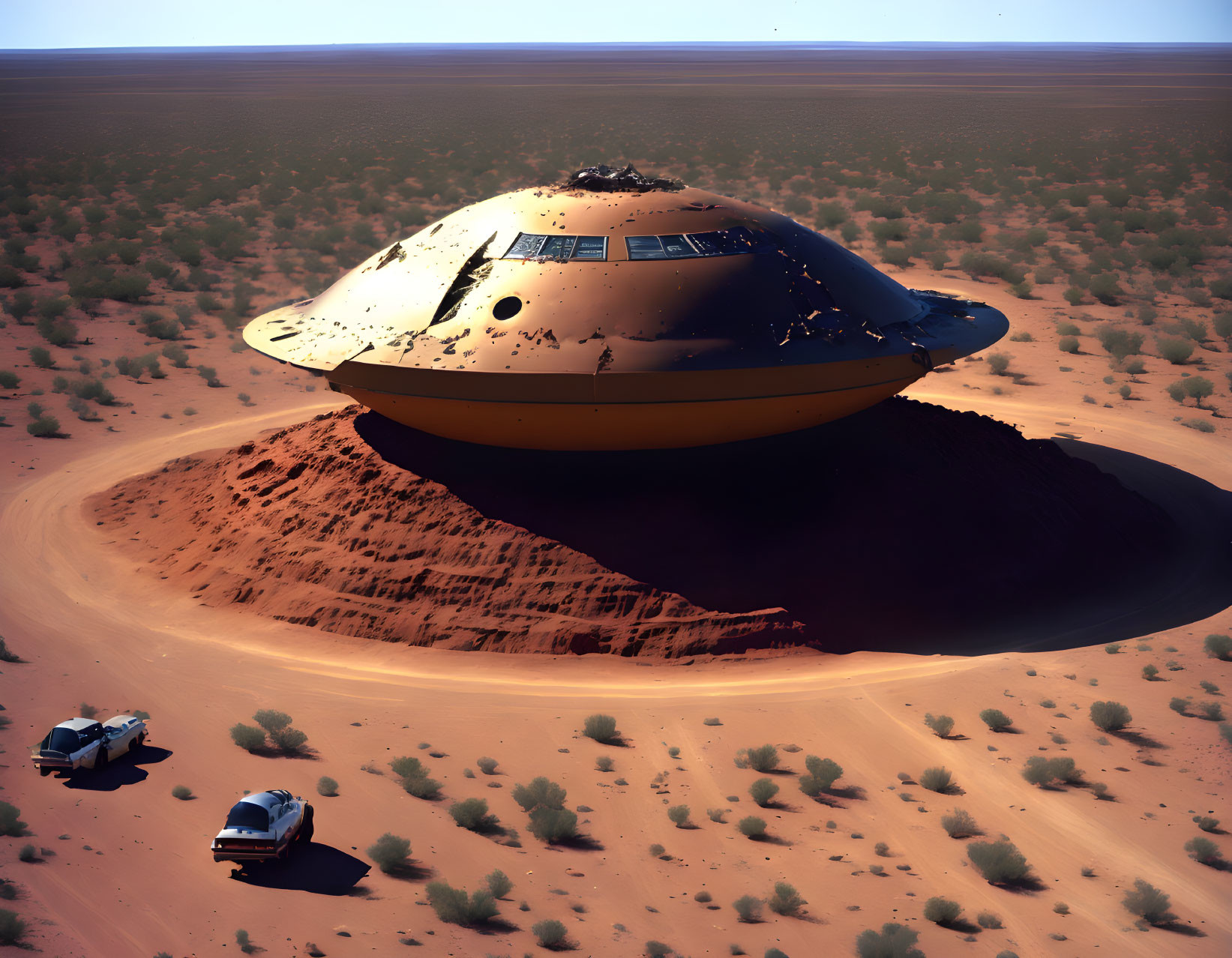 Saucer-shaped spacecraft lands in desert with off-road vehicles.